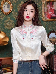 H Han Queen 2024 Autumn Blouse Women Embroidery Beading Shirts Office Work Blouse Long Sleeve Vintage Loose Tops Woman Clothing