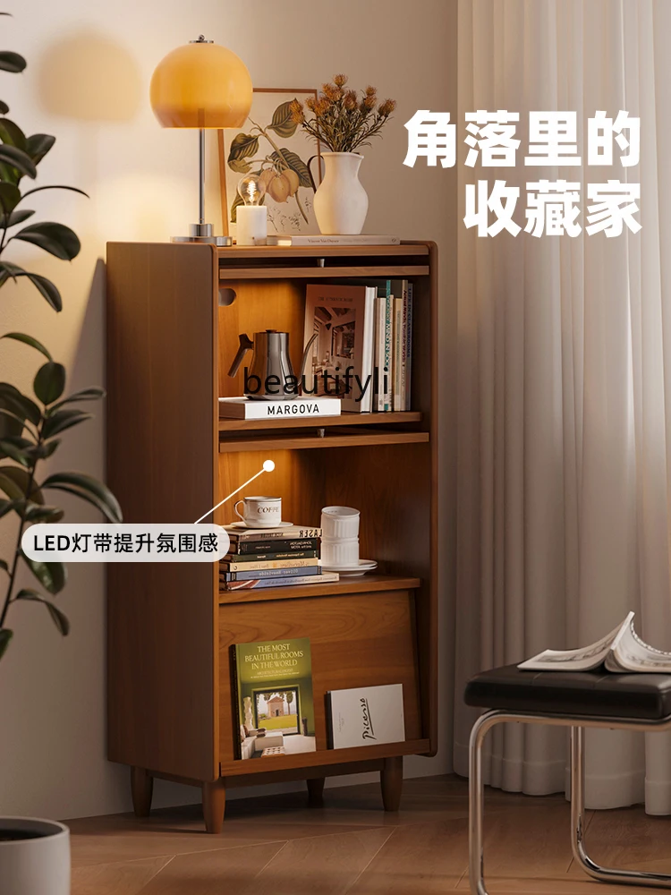 Nordic Solid Wood Bookcase Japanese Style Living Room Magazine Storage Cabinet Retro Floor Storage with Door TV Side Cabinet