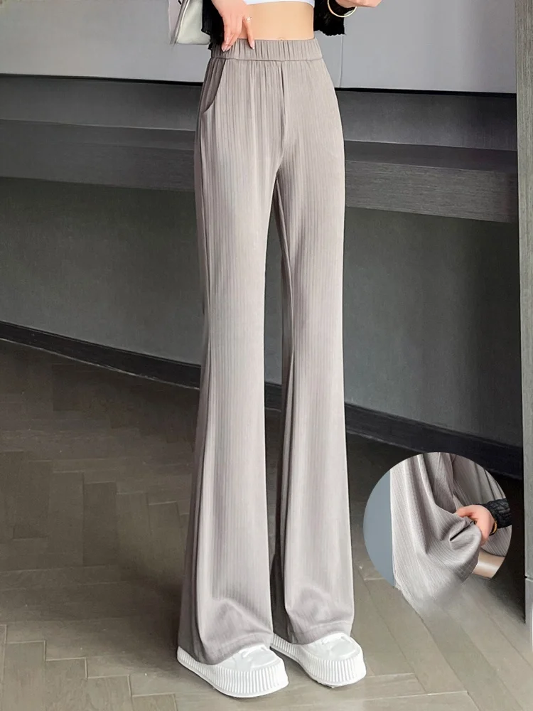 

Узкие широкие брюки из тонкого ледяного шелка с высокой талией, женские повседневные прямые расклешенные брюки, весна-лето, утягивающие брюки с микро-расклешенями