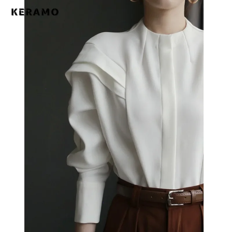 French Style Elegant Round Neck White Luxury Blouses 2024 Spring Women Office Lady Solid Long Sleeve Office Lady Shirts Top