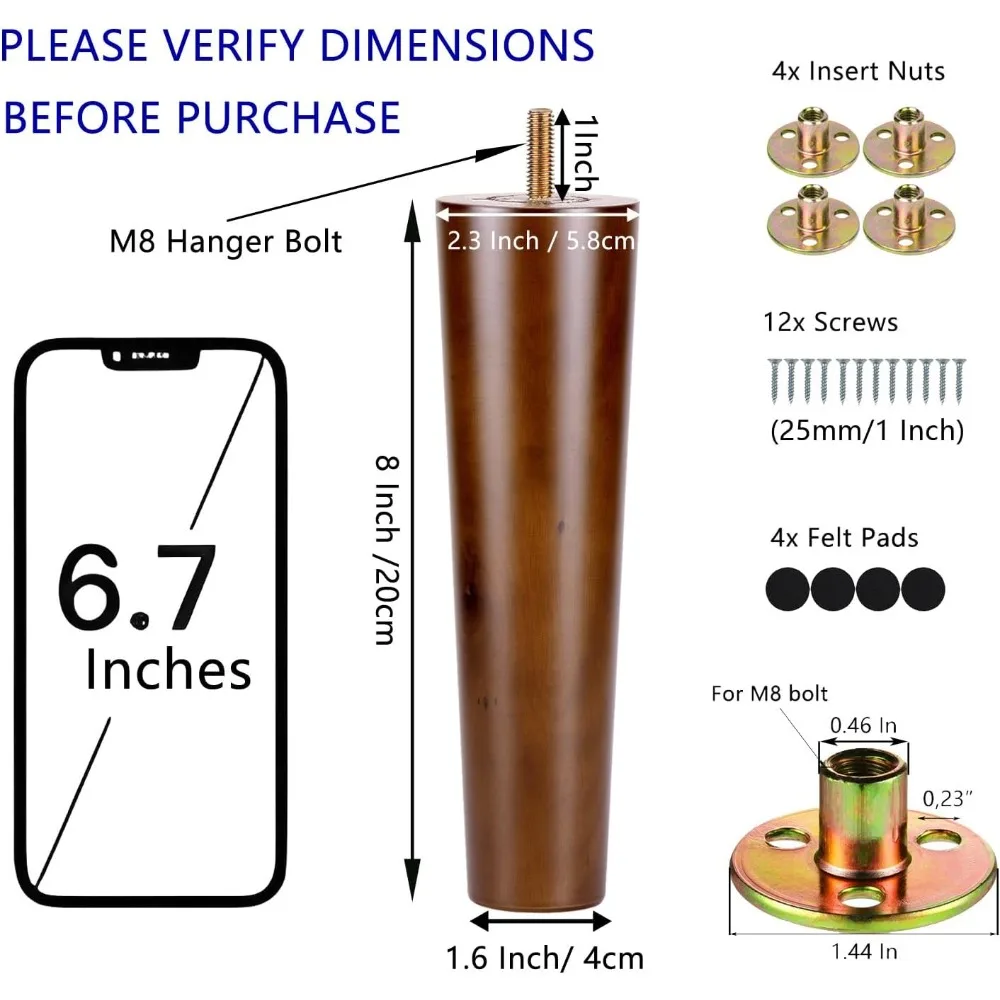 Patas de sofá de madera, juego de 4 sillas de gabinete de 8 pulgadas, patas de muebles de repuesto modernas de mediados de siglo, juego de 4 tornillos en perno M8 prepegado