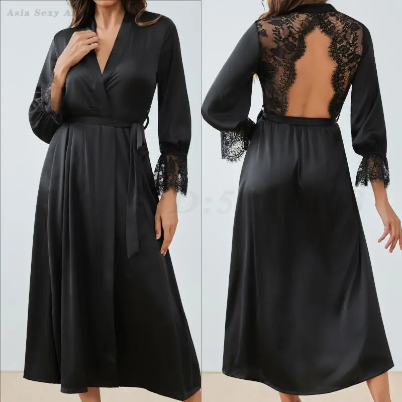 Fashion Sexy Long Robe Women Home Wear Sleepwear Patchwork Perspective Lace Backless Lingerie Negligee Loose Bathrobe Loungewear