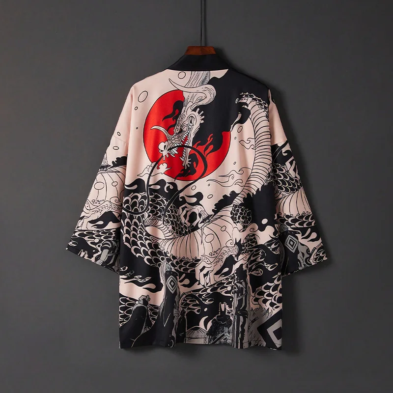 

Свободный крой в китайском стиле в стиле ретро с рукавом три четверти Дракон Халат Кимоно Кардиган Хаори Куртка Летний нишевый дизайн Уличный стиль Персонализированный узор Пляжный отдых Накидка Защита от солнца Одежда