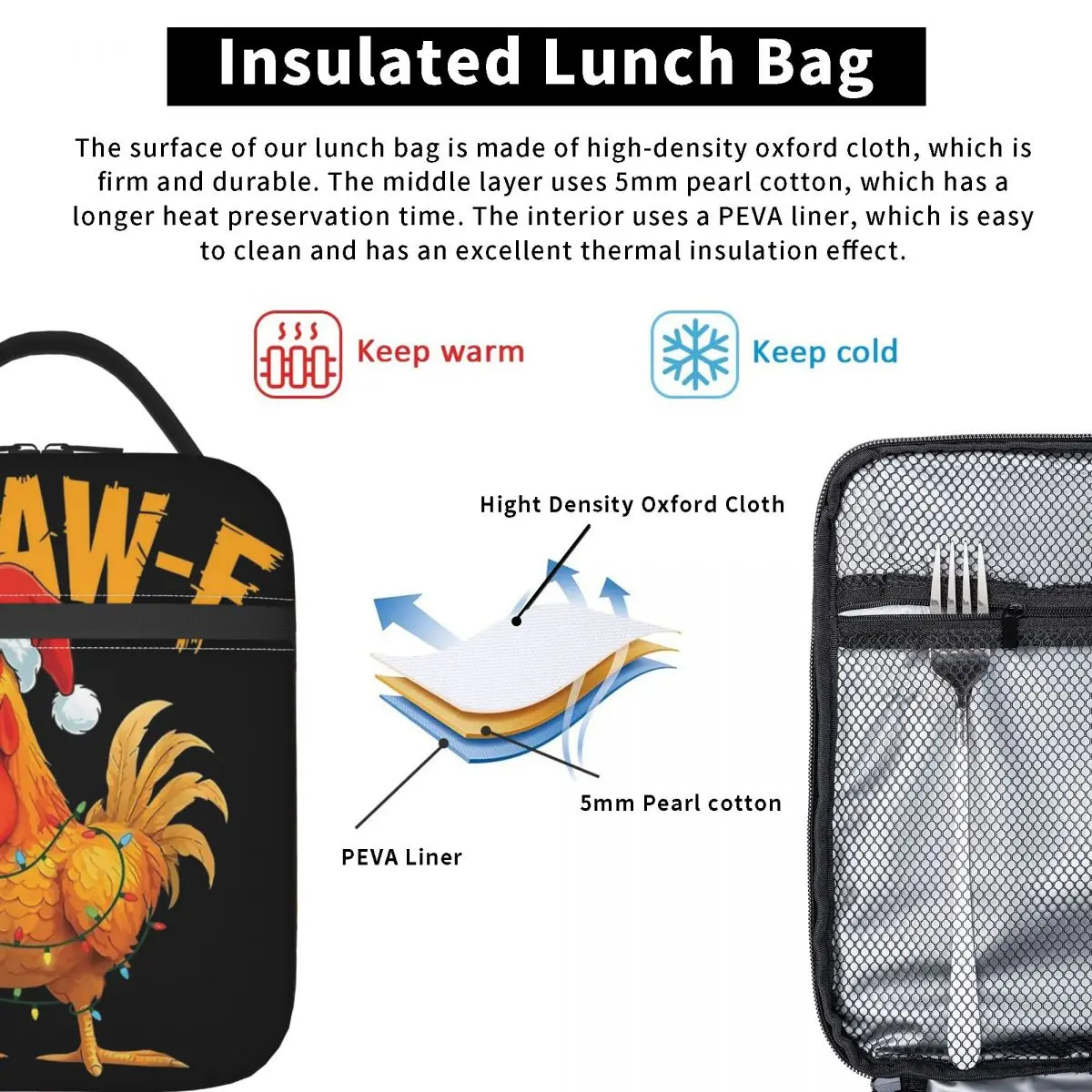 F-Caw-F الدجاج عيد الميلاد اكسسوارات معزول حقيبة الغداء للعمل الغذاء حقيبة التخزين المحمولة الحرارية برودة صناديق الغداء #5