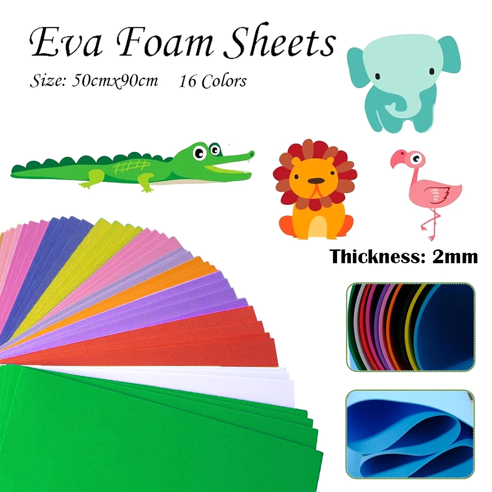 16 Colors Colorful EVA Foam Sheets 2mm Thick 50x90cm Cosplay Craft Foam for DIY Arts Costume Props Making