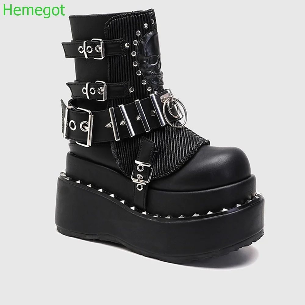 Metal Rivets Punk Motorcycle Boots Round Toe Platform Gothic Rhinestone Zipper Cool Girl Boots 2024 New Black Women Short Boots