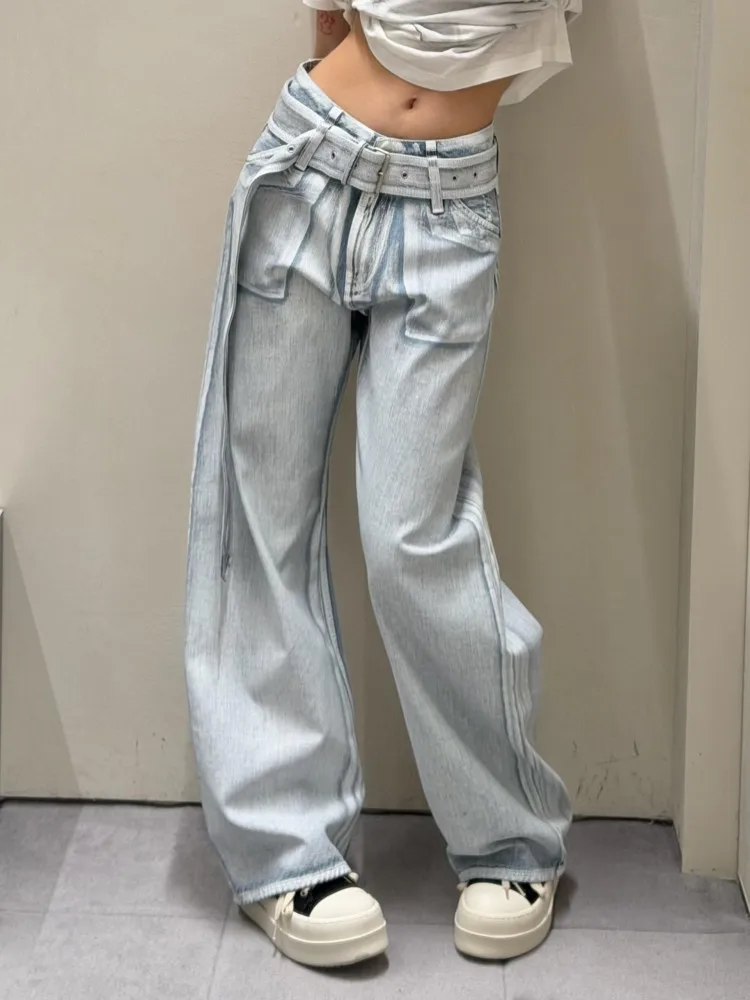 Casual Fashion Women Straight Trousers Jeans Streetwear Loose Fit Sashes Printed Denim Pants Female High Street Wide Leg Pants