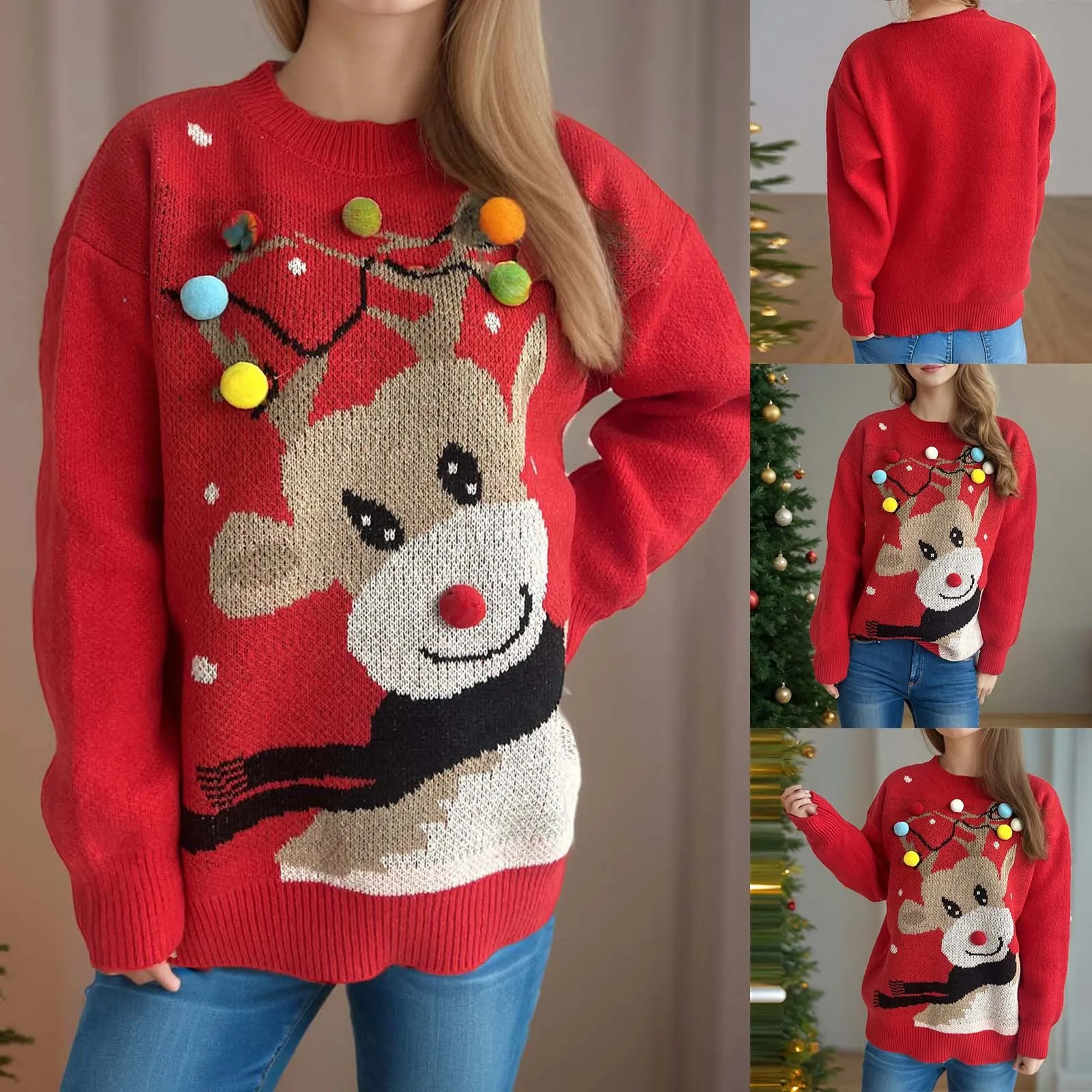 Christmas Knitted Women's Sweater Red Deer Embroidery Cute Round Neck Loose Warm Fashion Sweater 2024 Autumn/Winter New Product