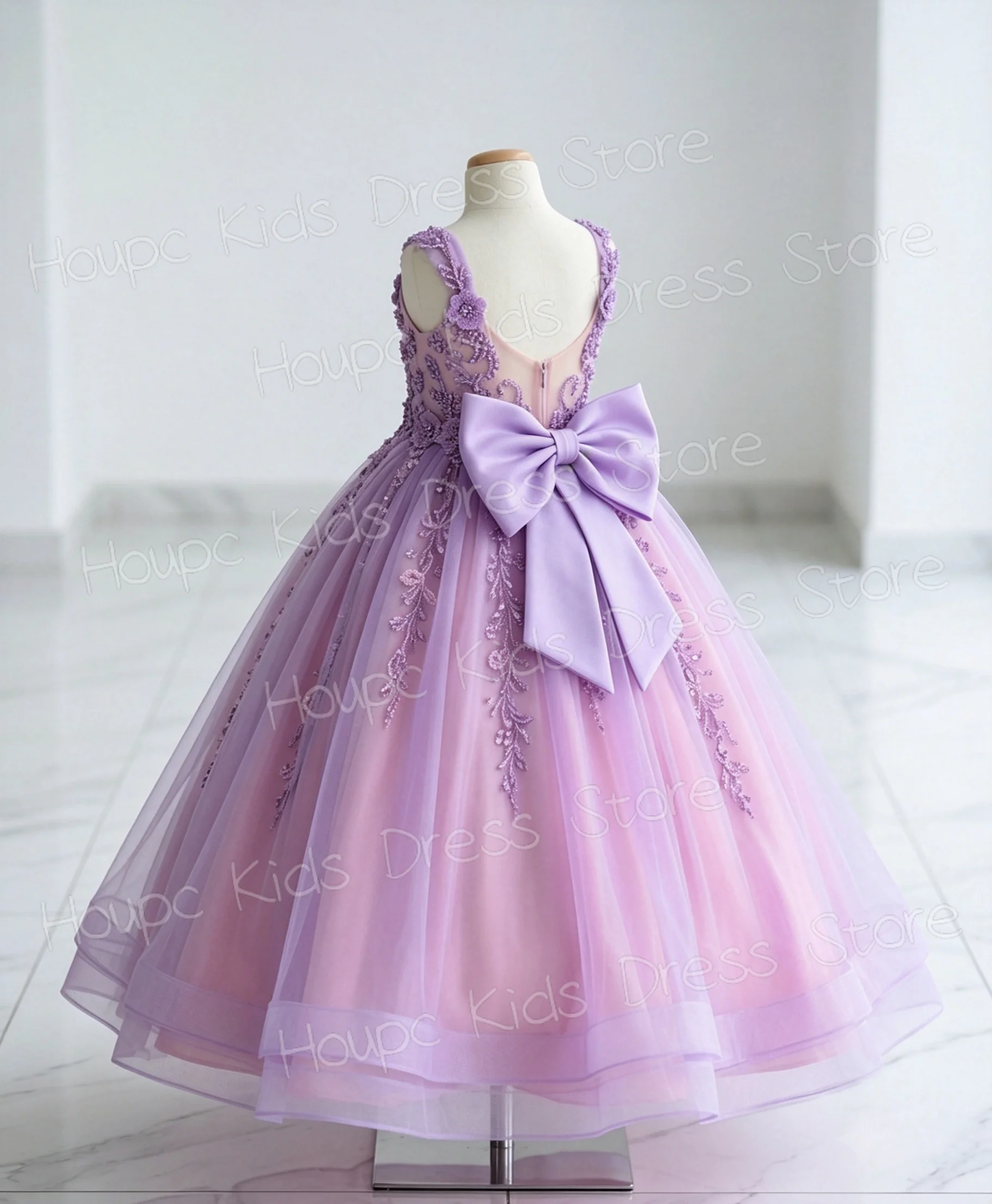 Flower Girl Dresses for V-back with Bow Applique Floor Lenght Kids Birthday Wedding Party Dress First Communion Gown Custom
