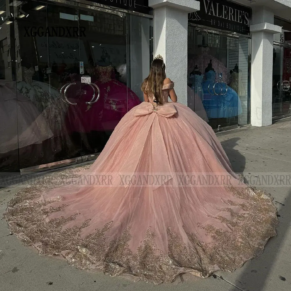 Rosa Prinzessin Quince anera Kleider funkelnde Vestidos de 15 Anos Ballkleid Abschluss ball süß 16 Kleid Perlen Applikation Geburtstags kleidung