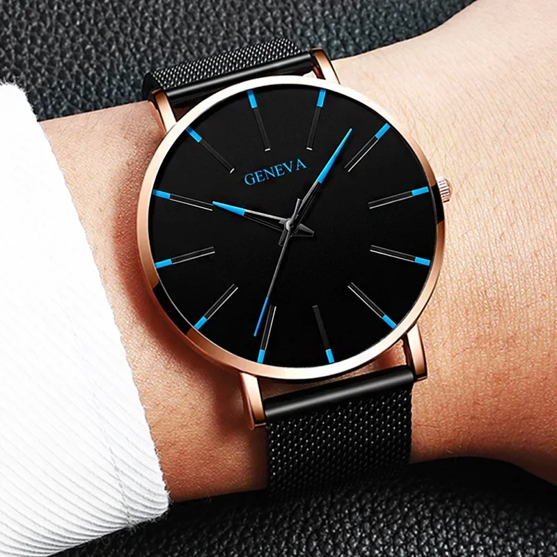 2024 New Mens Fashion Watches Luxury Ultra Thin Stainless Steel Mesh Strap Quartz Watch Rose Gold Men Watch Gifts Reloj Hombre