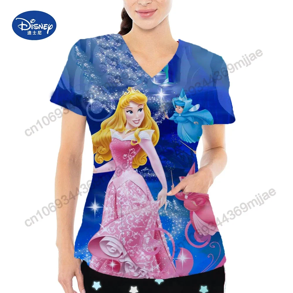 New Short sleeved Fashion Disney Princess Cartoon Printed Pattern Top V-neck Double Pocket Design T-shirt Casual Nurse Uniform