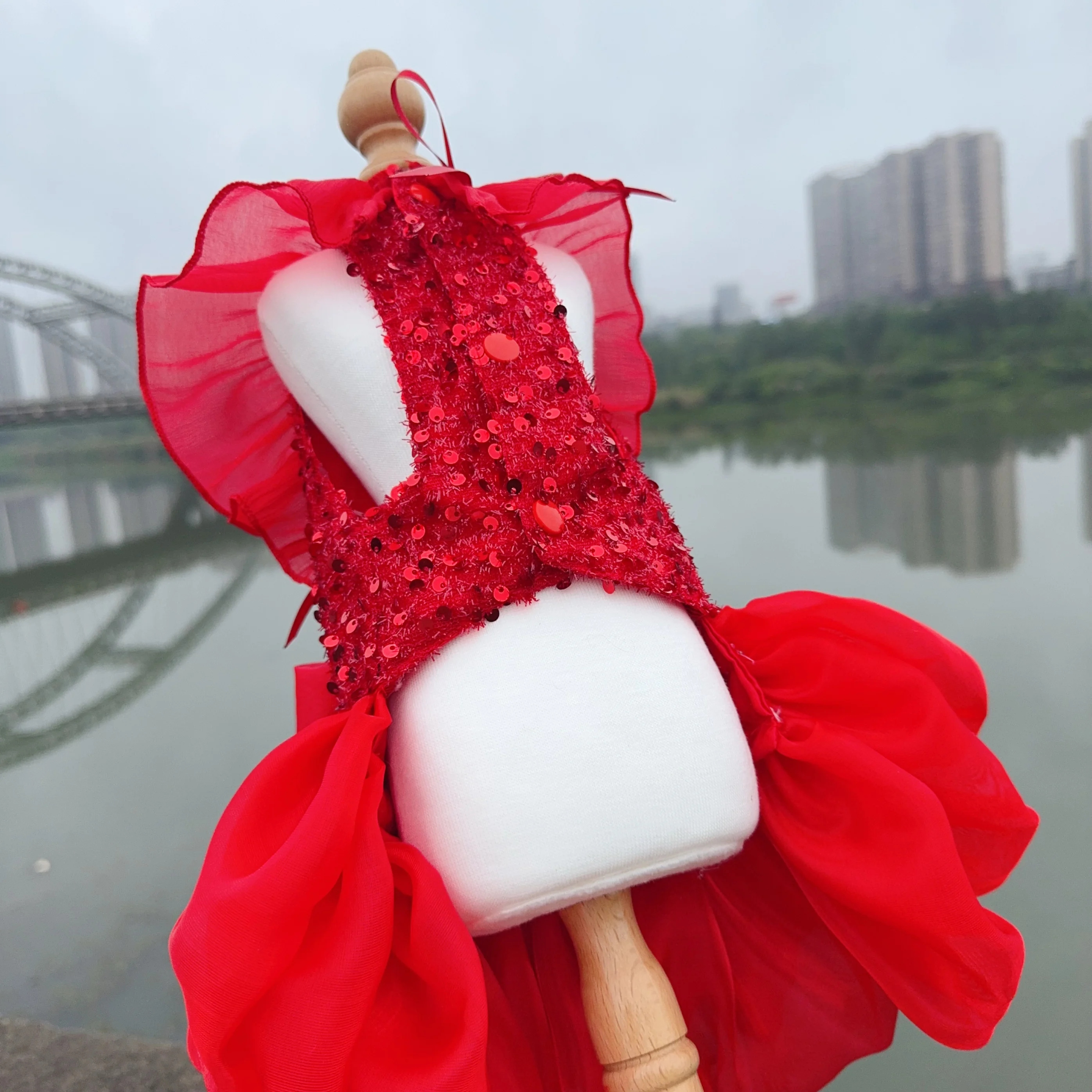 Fashion Red Pet Dog Clothes Luxury Handmade Cotton Lace Crystal Bow Princess Dress For Small Medium Dog Poodle Puppy Coat Skirts