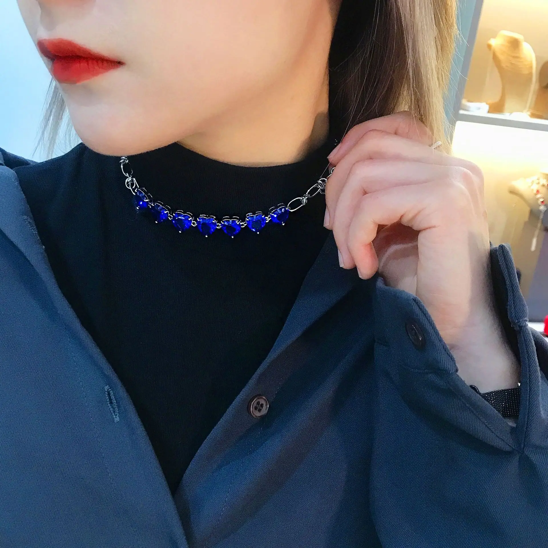 S925 Sterling Silver Necklace Same Emotion Klein Blue Original Zircon String Of Love Short Necklace For Women Daily Wear Gift