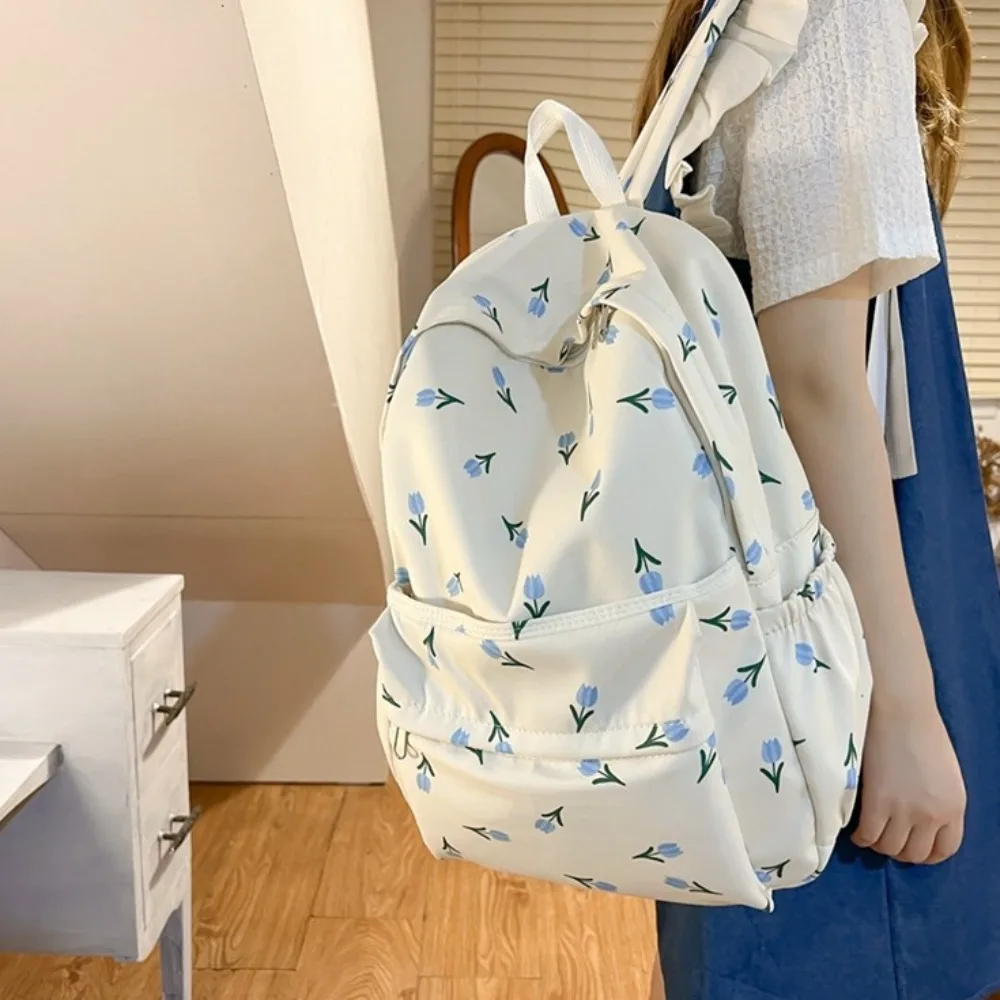 Fashion Large Capacity Women Backpack Waterproof Nylon School Bag Tulip Floral Travel Rucksack Students