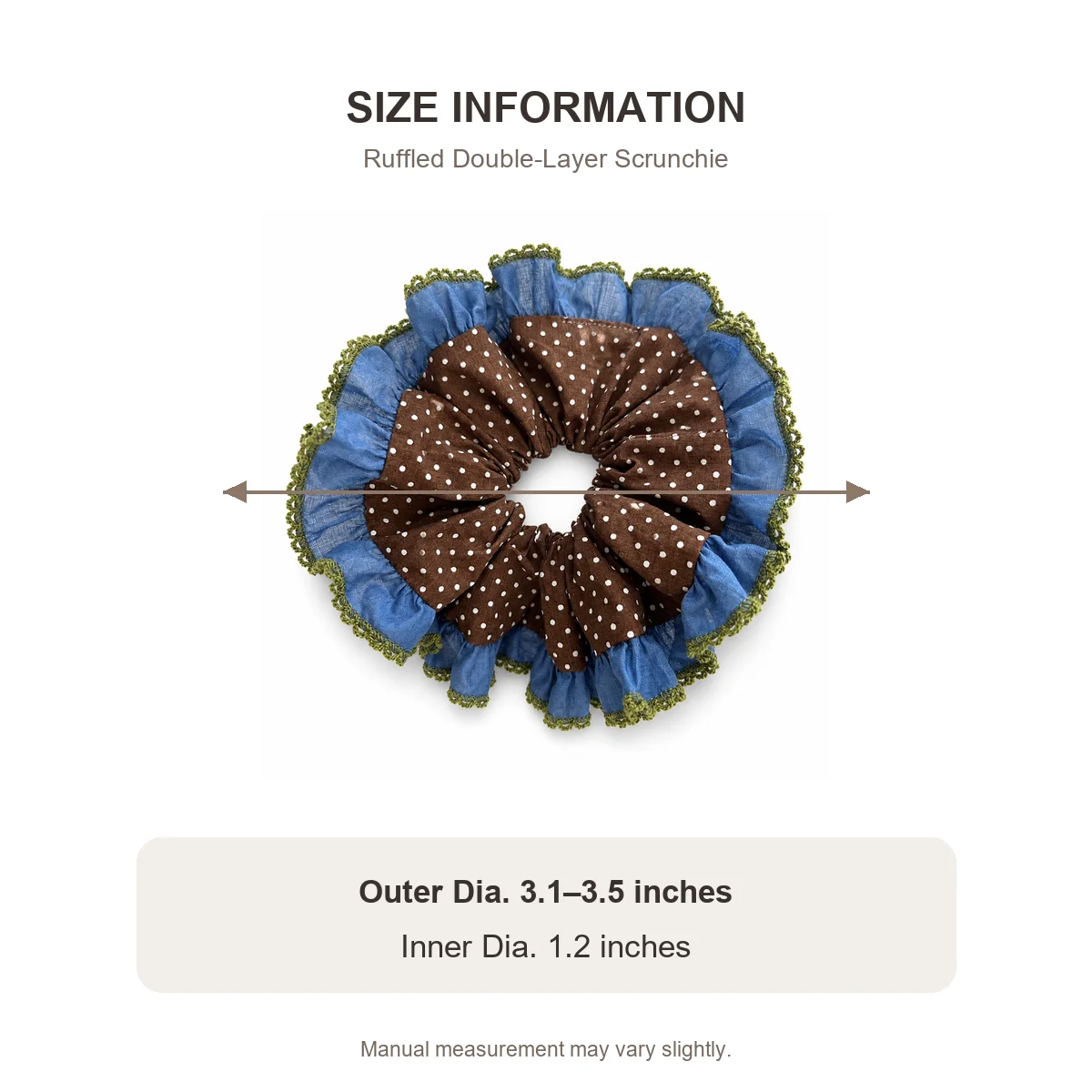 Chocolate Brown White Polka Dot Dusty Blue Olive Edge Ruffled Double-Layer Hair Scrunchie