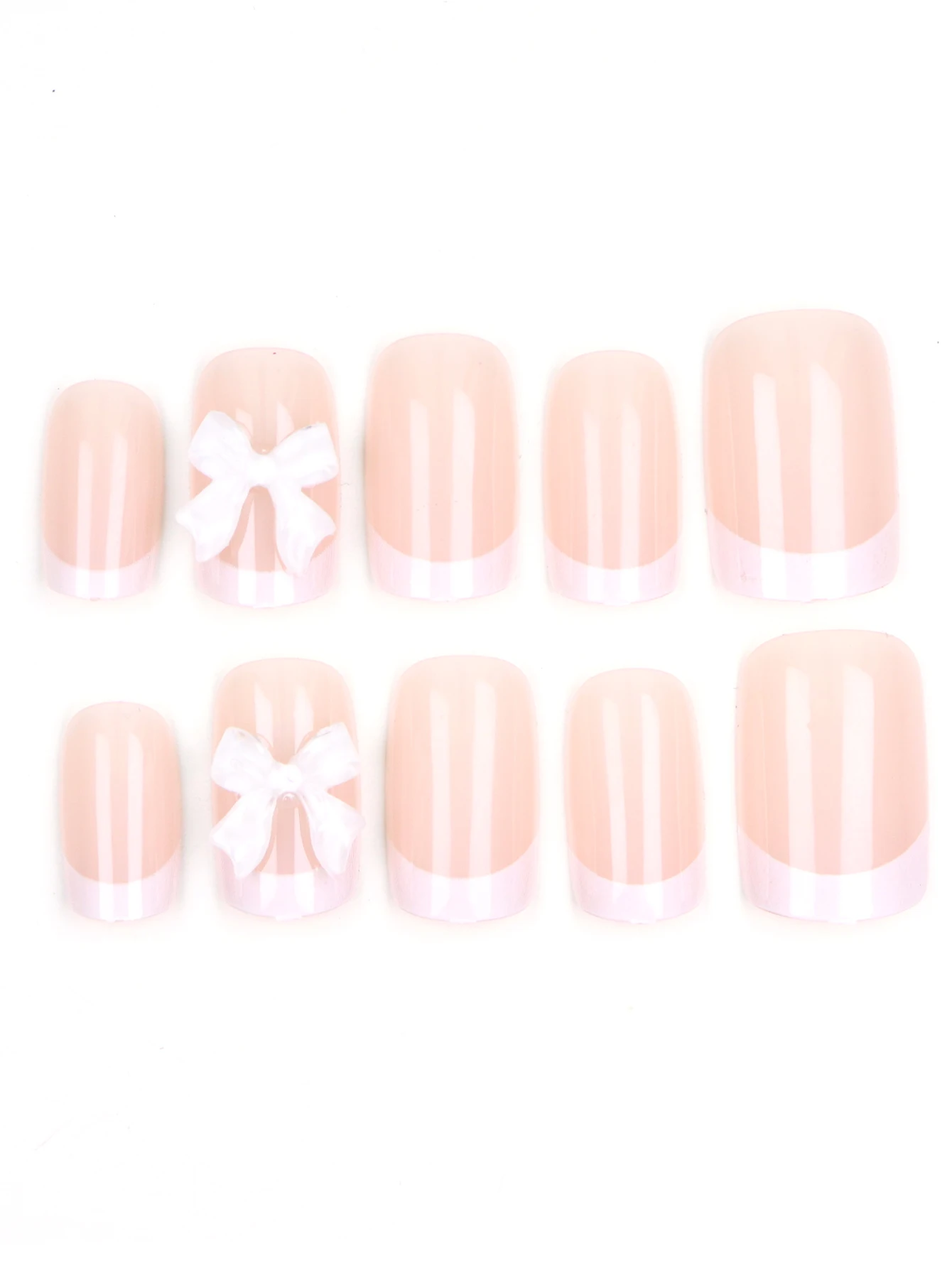 10개입 흰색 짧은 사각형 모양 흰색 리본 장식 네일 팁 - 풀커버 가짜 네일 세트 - 네일 파일 1개 & 네일 글루 스티커 1개 포함