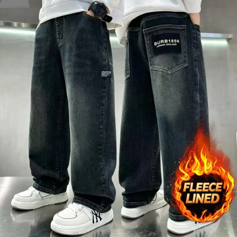 Children's autumn and winter Korean version jeans for boys with thick plush, loose and wide leg warm casual pants 4-14Y