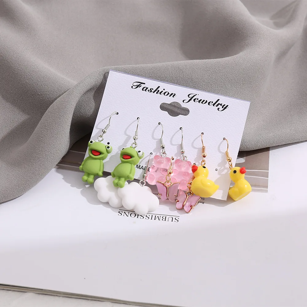 

5Pcs/Set Creativity Animal Frog Duck Dangle Earring Clouds Gummy Bear Drop Funny For Woman Girl Kids Gift Punk Jewelry