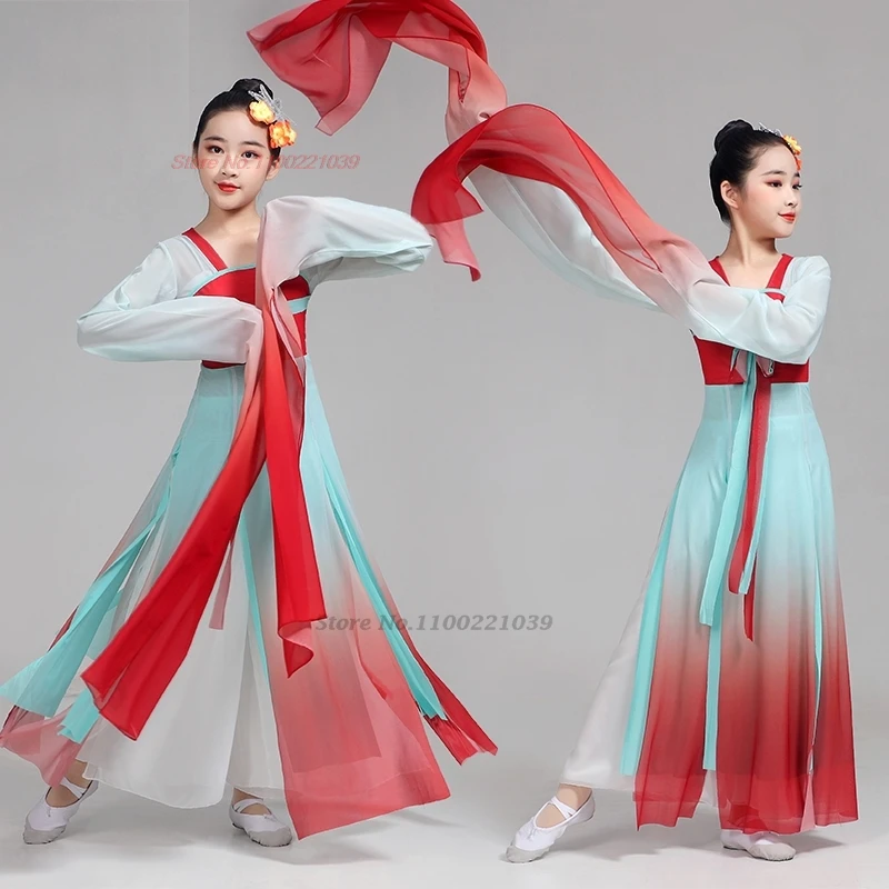 2024 chinese children vintage folk dance costume gradient color chiffon hanfu dress traditional folk dress stage performance