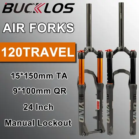 BUCKLOS 24인치 자전거 에어 포크 9x100mm QR 자전거 에어 서스펜션 15*100mm TA MTB 포크 수동 잠금 자전거 앞 서스펜션