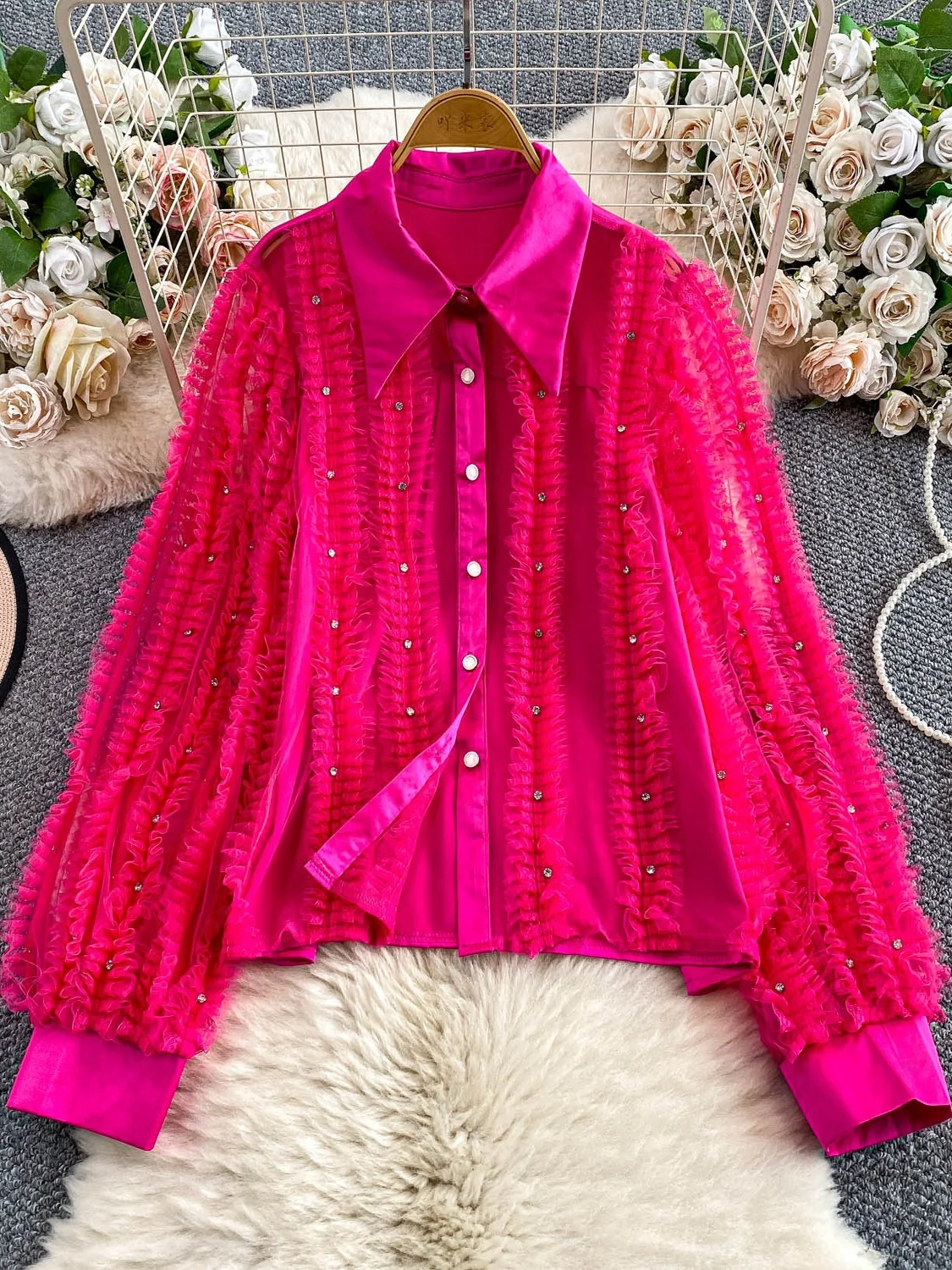 

French Sle Heavy Embellied Diamond Collar Lantern Sve irt Women's Autumn Fairy T Beautiful Me Splicing Ear Look...