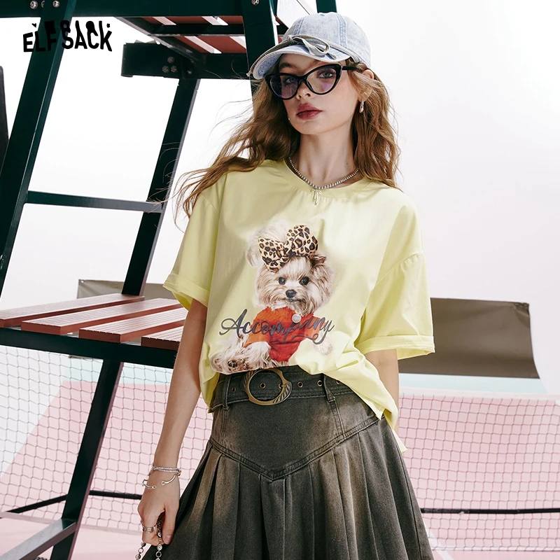 ELFSACK 2024 summer new arrival Bear print gentle style back hollow three-dimensional bow design loose short-sleeved T-shirt for