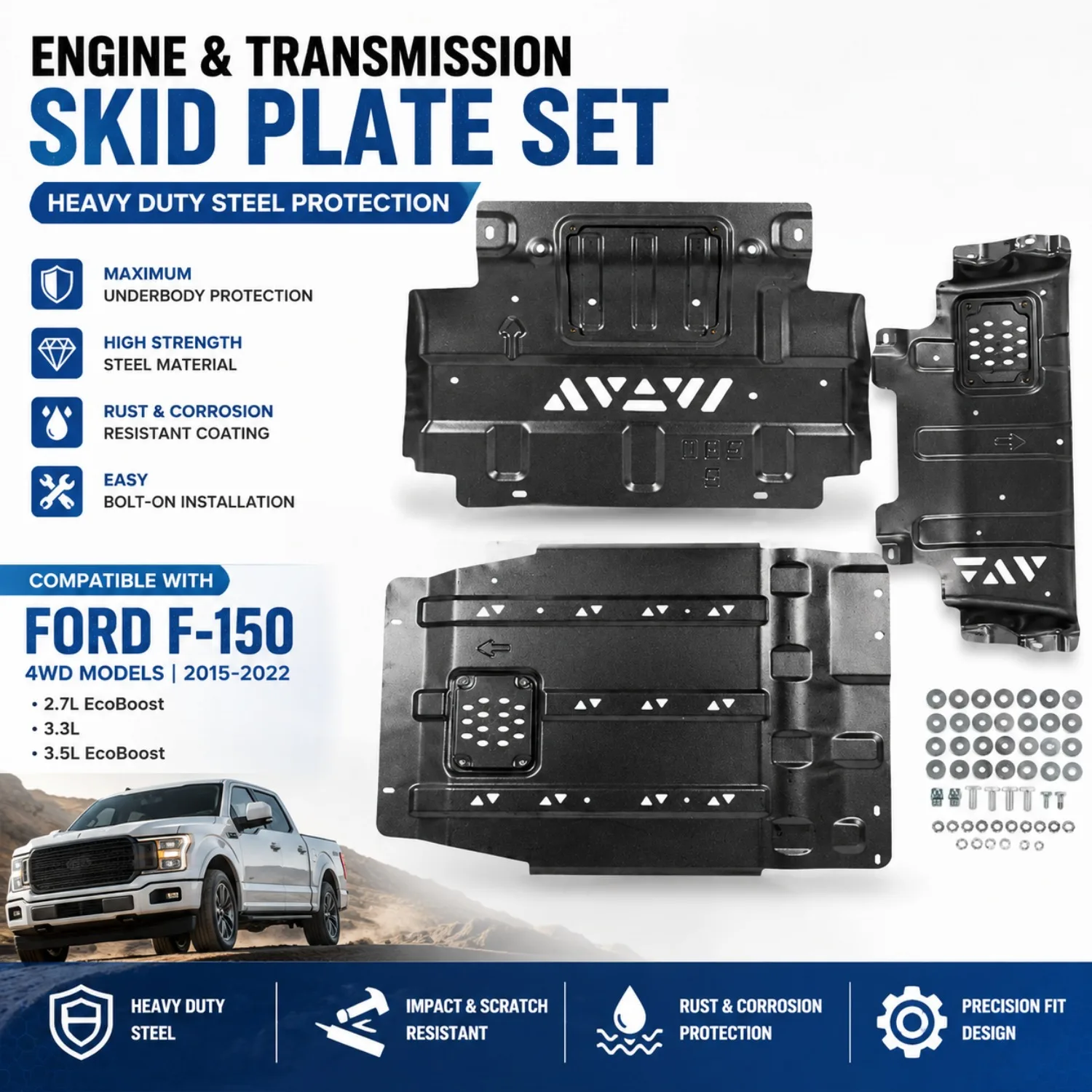 

Underbody Transmission Protection Skid Plate Kit Compatible with Ford F150 4WD 2015-2022 2.7L 3.3L 3.5L（3pcs set full）