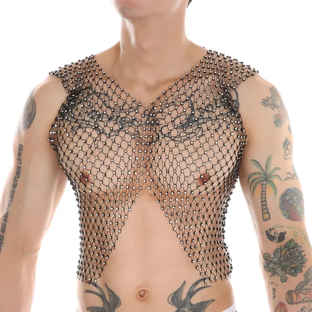 

Men Diamond Split V-Neck Sexy Fishnet Tank Tops Shiny See-Through Hollow Vest Sleeveless T-Shirt Singlet Nightclub Performance