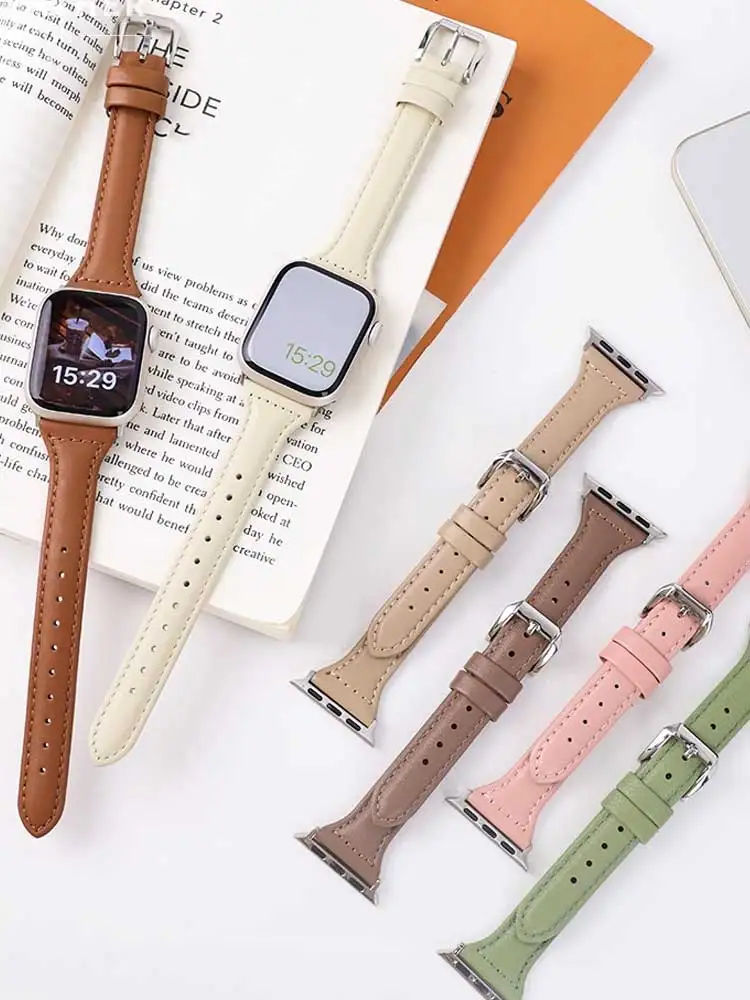 Slim leather strap for Apple Watch band ultra-2 49mm series 7 8 9 41mm/45mm 38mm/42mm Wrist bracelet iWatch SE 6 5 4 3 40mm/44mm