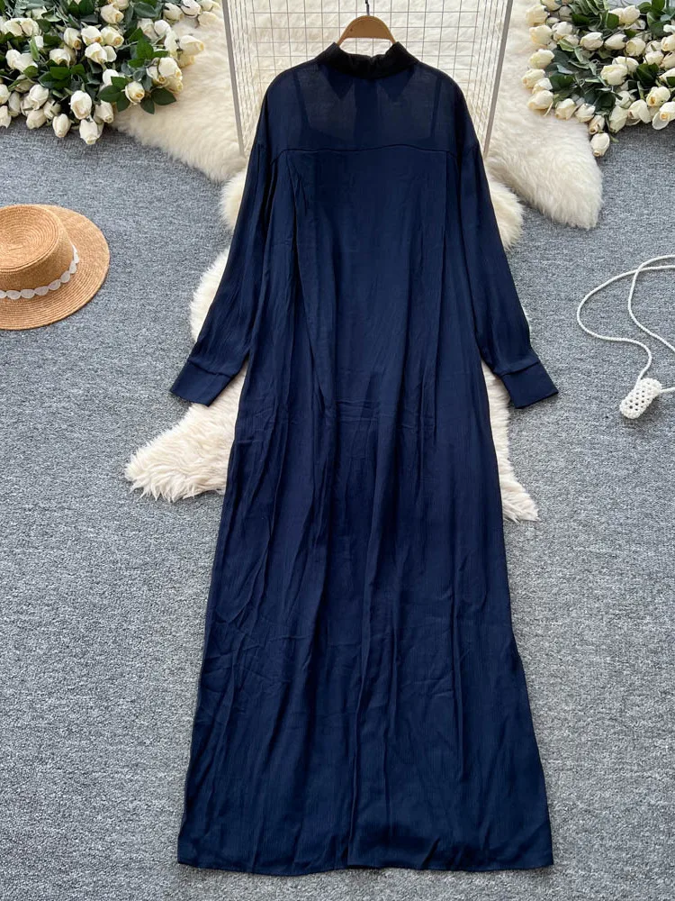 Elegancki, bogato zdobiony kołnierzyk, długi rękaw, długość do kolan, wyszczuplający, casualowy damski drukowany poliester, wysoki stan, krój A...