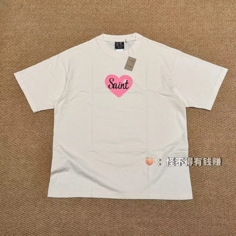 Authentic SAINT Pink Heart Print Tee Trendy Summer Crew Neck Men's Women's Cotton Short-Sleeve