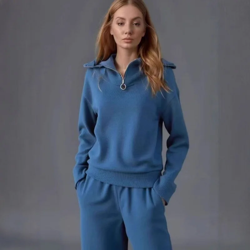 

Женские комплекты из двух предметов, осенне-зимняя трикотажная одежда, толстовки с длинными рукавами на молнии + широкие брюки, женские повседневные спортивные костюмы