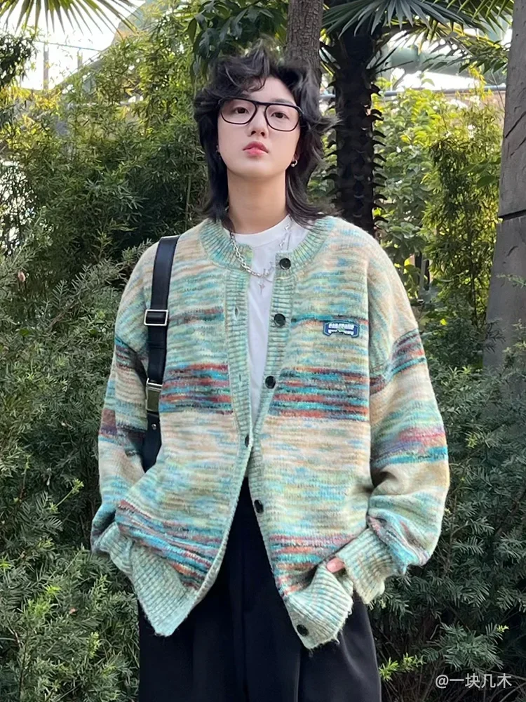 

Japanese Trendy Oil Gradient Couple Stripe Sweater Men Clothing Autumn Round Neck Loose Casual Knitted Coat Cardigan Top