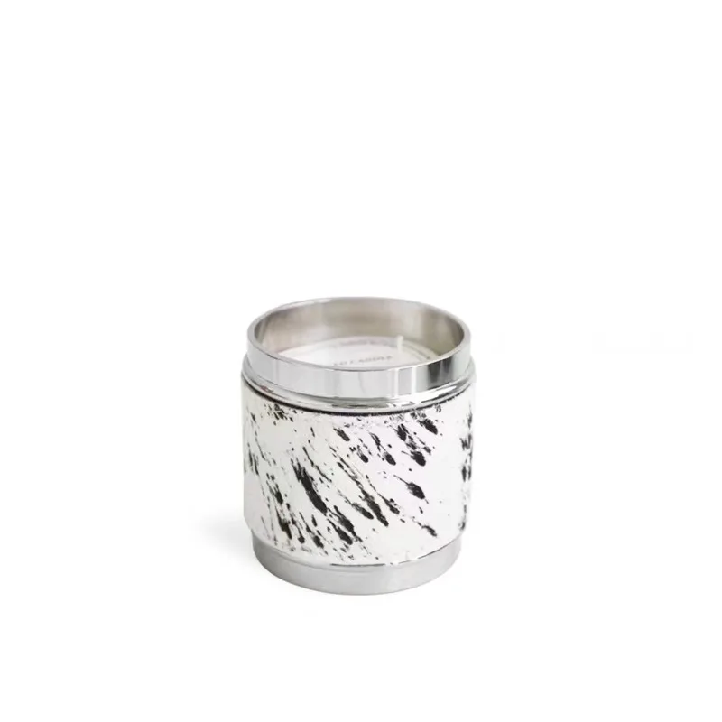 Vela Aromática Moderna Minimalista de Cuero y Crin de Caballo, Adorno de Vela de Lujo con Borde Plateado para Hotel, B&B, Mesita de Noche