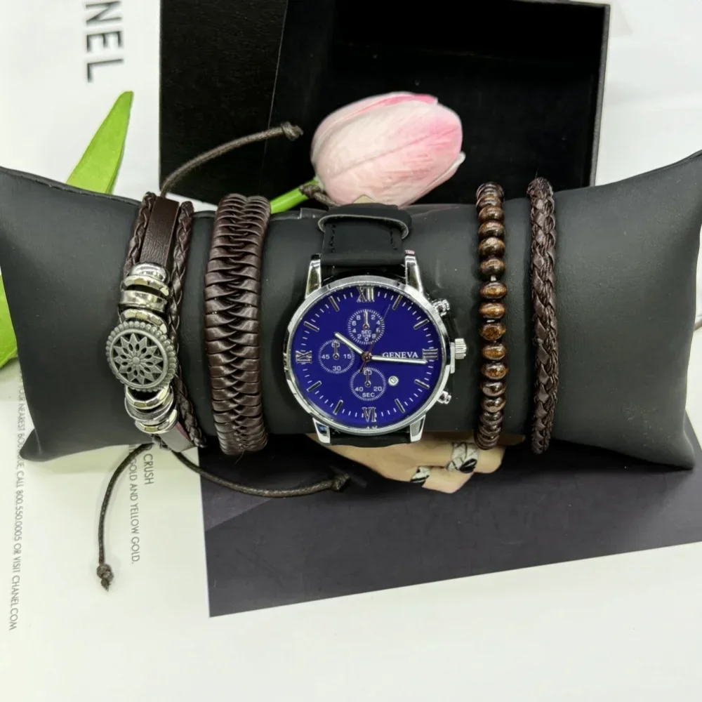 5ชิ้นนาฬิกาควอทซ์แฟชั่นเรียบง่ายฟังก์ชั่นธุรกิจและลำลองสายกันน้ำรวมกล่องสำหรับใส่พักผ่อนกลางแจ้งเล่นกีฬา