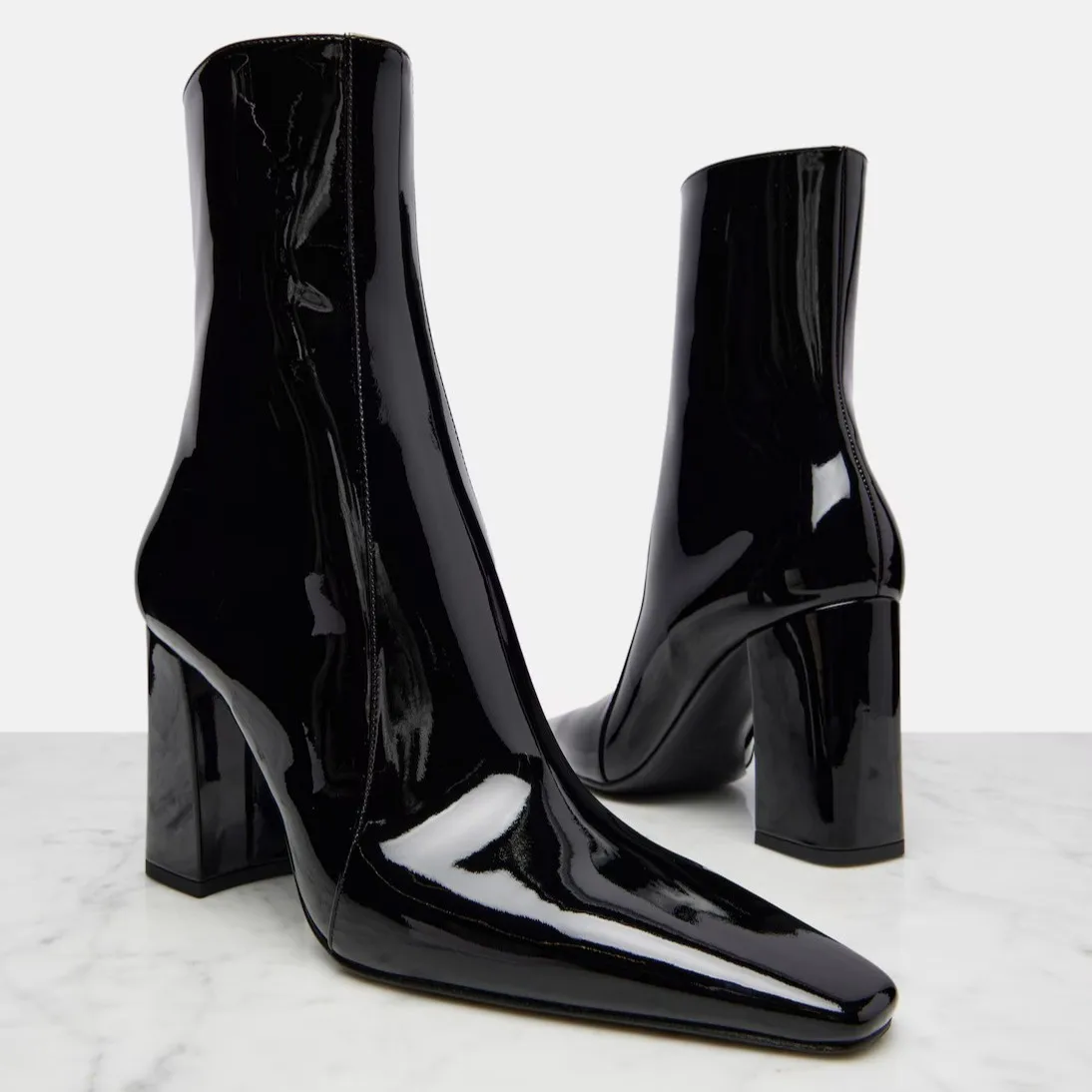 

Women Patent Leather Ankle Boots Square Toe Block High Heel Party Dress Booties Side Zip Closure Trendy Autumn Winter Footwear