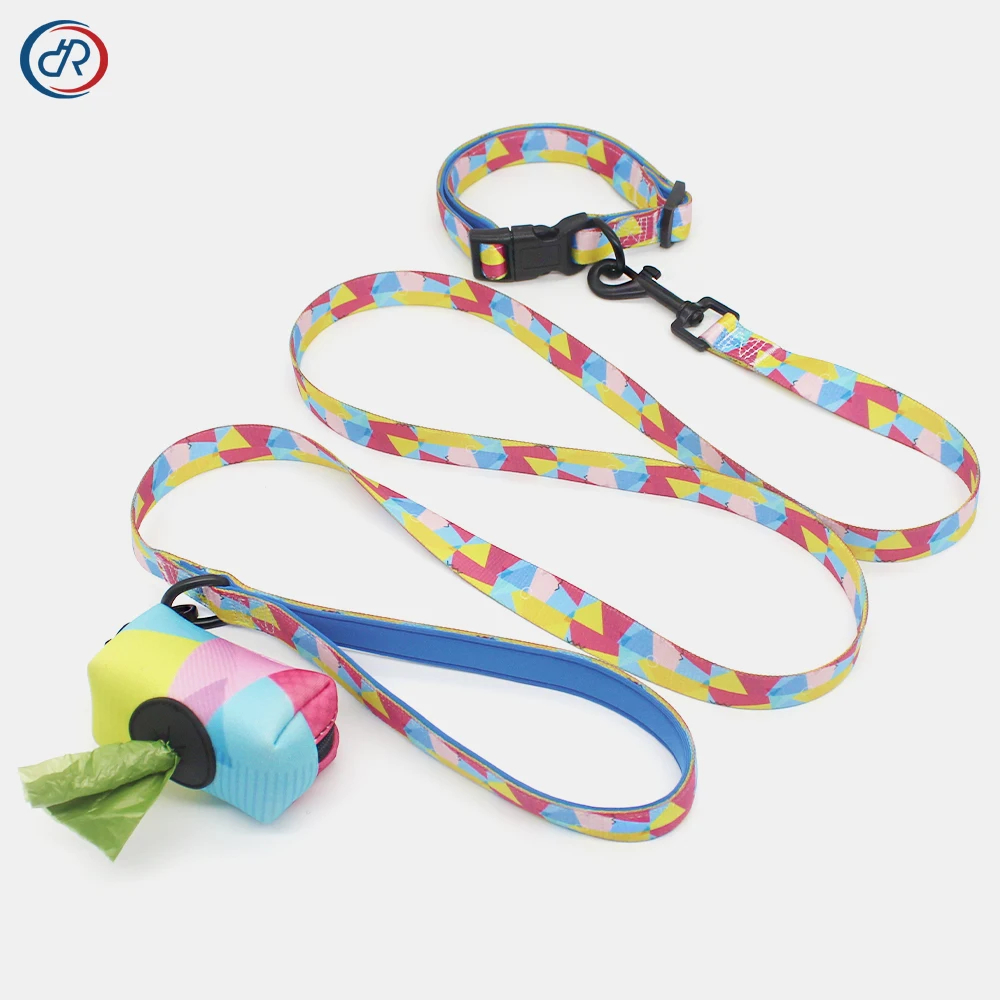 OKKPETS 4in1 Dog Harness&Collar&Leash&Poop Bag Accessories Polyester Memphis Style Pet Harness Set For Small Medium Large Dogs