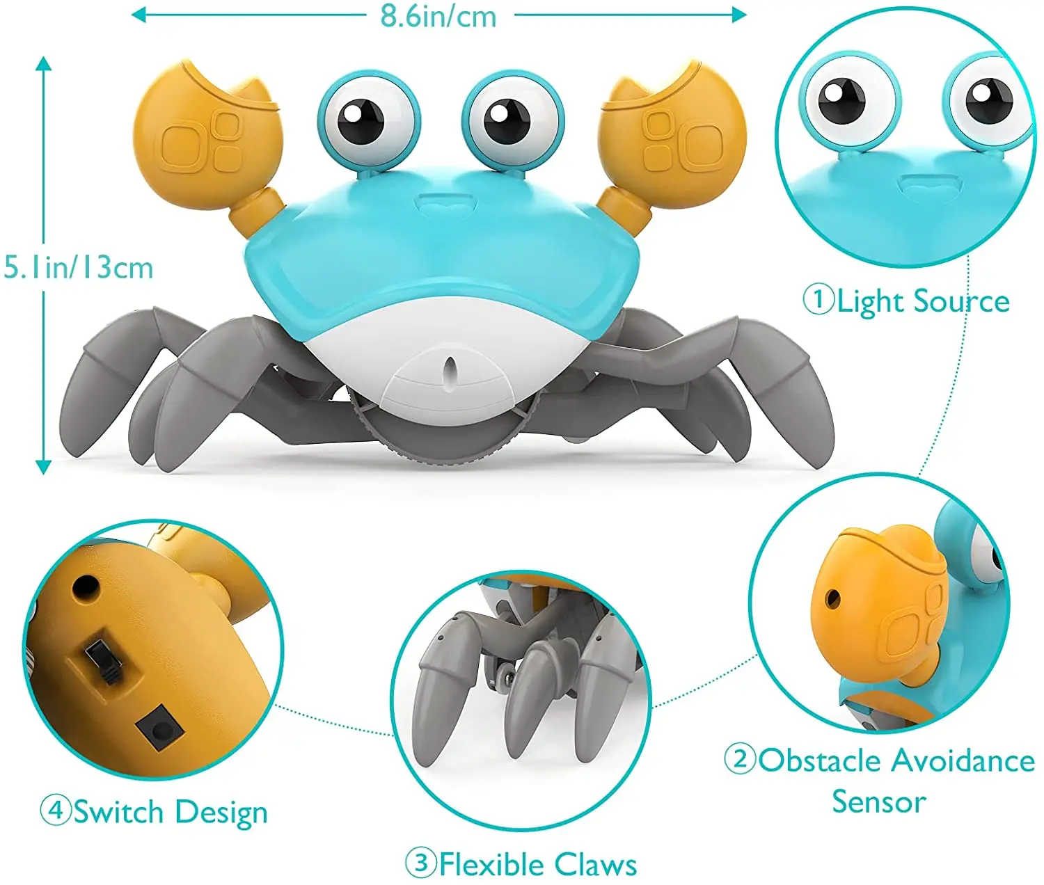 Musical Crawling Crab Baby Toy, Rechargeable Walking Crab Toy with LED Light, Automatically Avoid Obstacle, Fun Interactive Toys