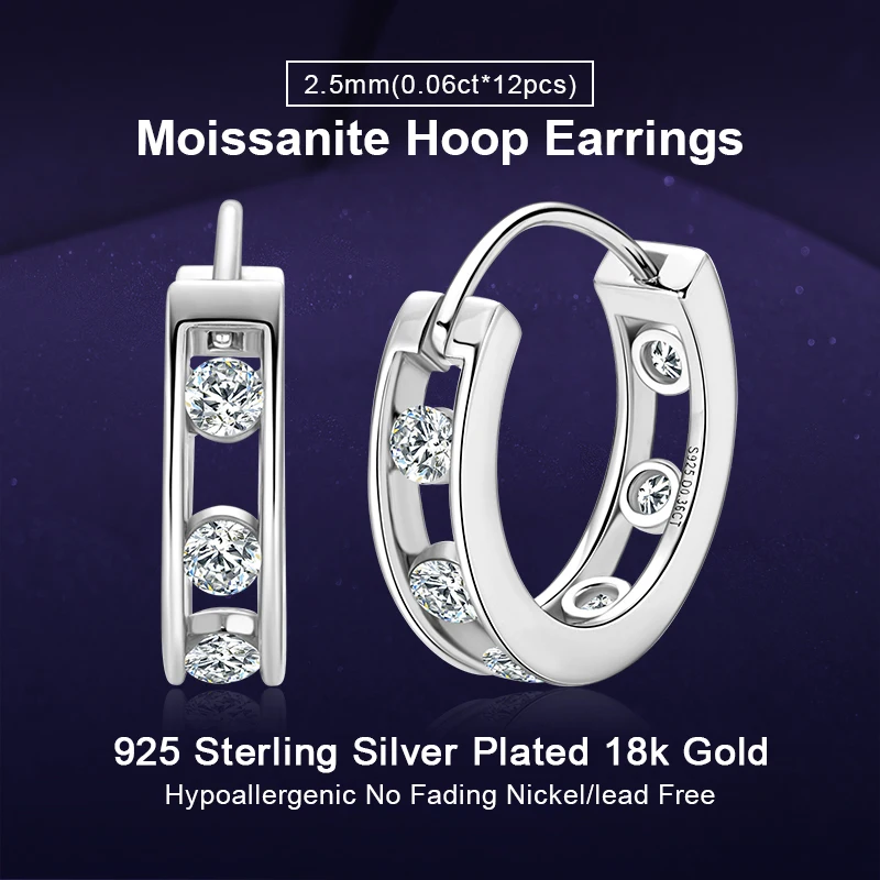 

IOGOU 100% Moissanite Hoop Earrings 2.5mm D Color Diamond Real Sterling Silver 925 Jewelry for Women Engagement Wedding Gift