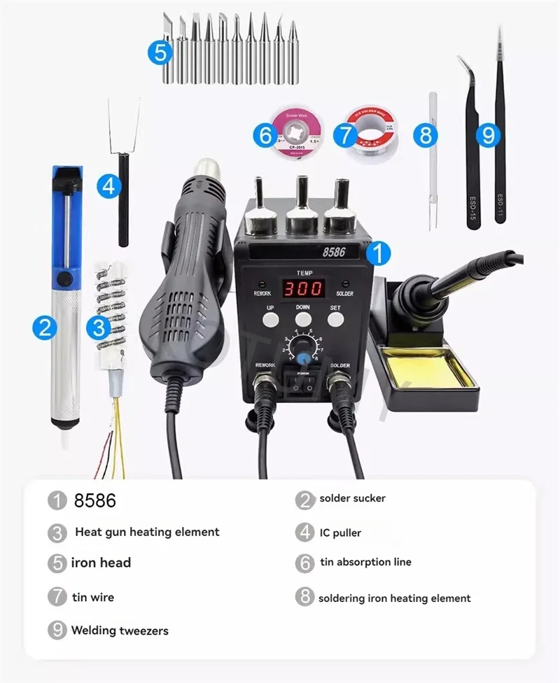 JCD 8586 Hot Air Rework Station Constant Heating Output Anti Scald Nozzle For Factory Circuit Components Mass Desoldering Tasks