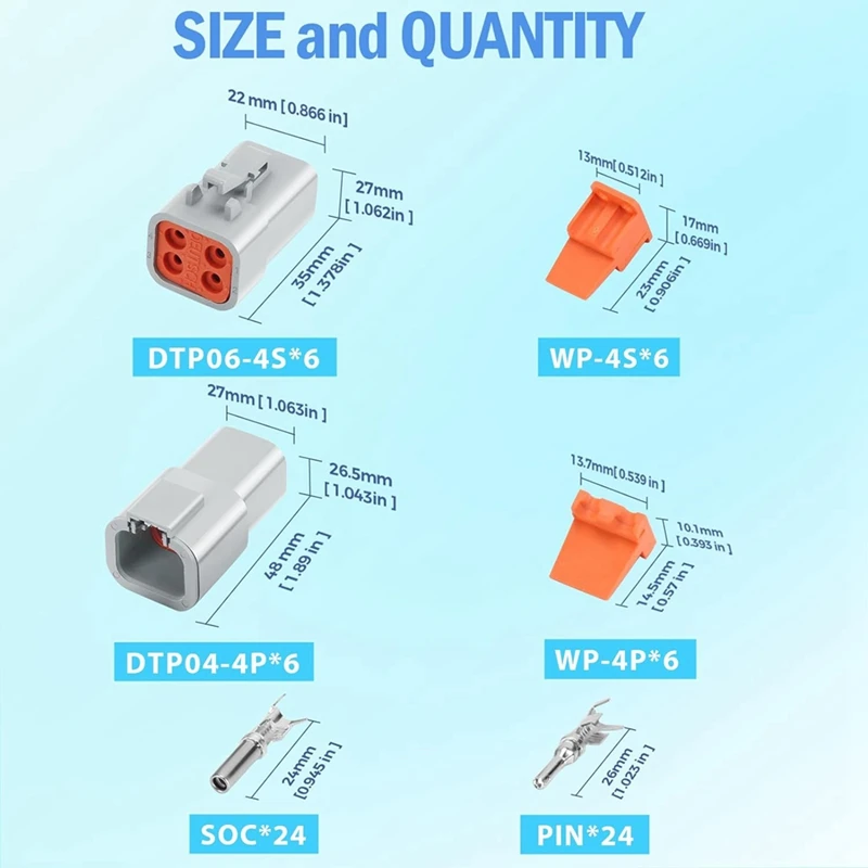 A20F-72 PCS Deutsch DTP Connector Kit 4 Pin Automotive Waterproof Connectors 6 Sets With Size 12 Stamped Contacts Gauge