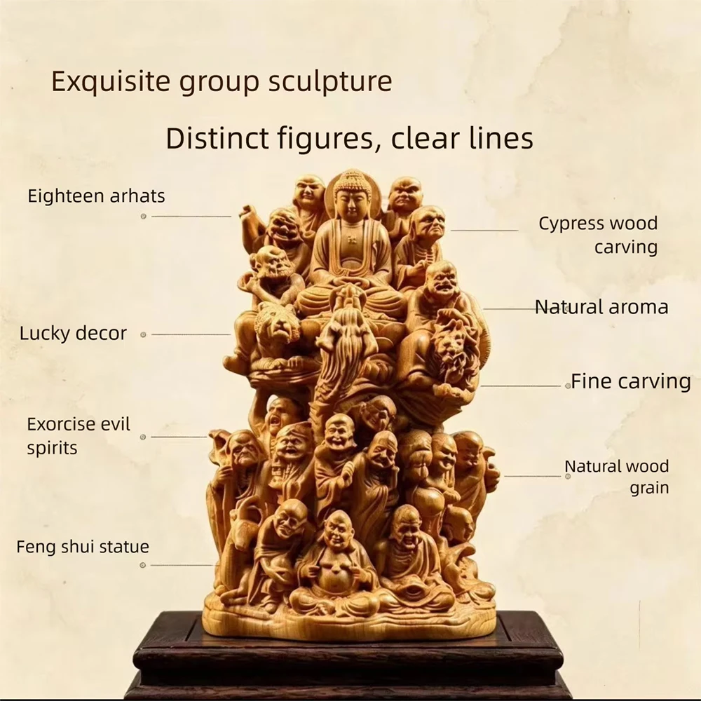 Cypress Wood Eighteen Arhats Statue, Hand Carved Buddhist Sculpture for Home Office Decor, Feng Shui Wooden Figurine Lucky Gift