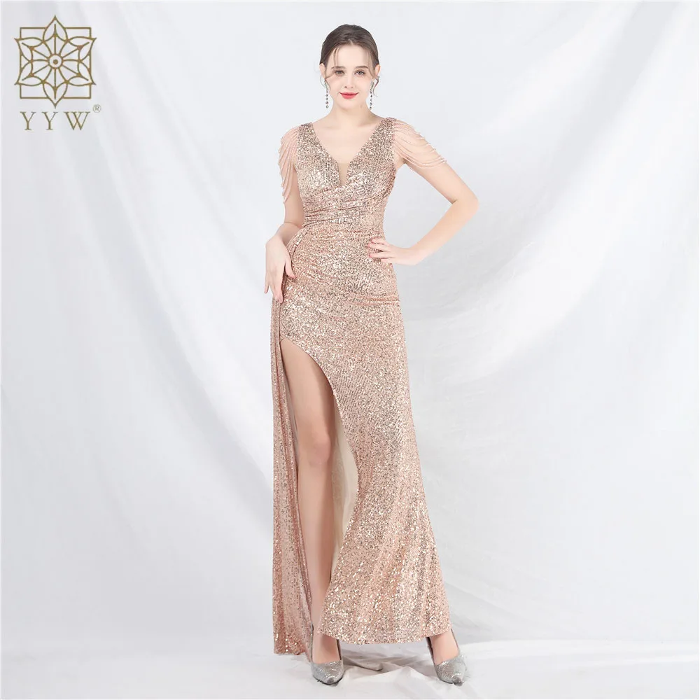 Elegant V Neck Mermaid Evening Dress Long Luxury Beads Women Evening Party Dresses 2024 New Formal Dress Sequin Slim Side Slit