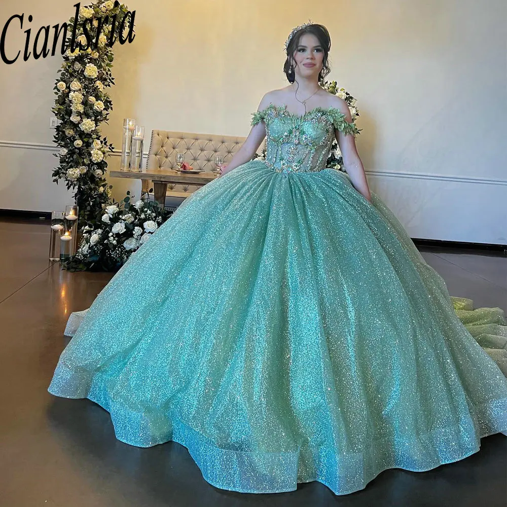 Vestido De baile De quinceañera con cuentas De cristal, Apliques De encaje, corsé, hombros descubiertos, Verde menta, purpurina, 15 Años