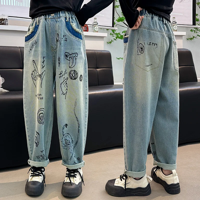 4 6 8 10 12 14 teenage girls jeans cartoon graffiti kids Haren pants fashion Soft denim trousers Loose casual kids clothes