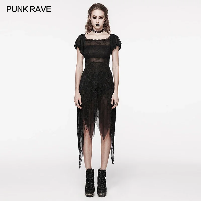 

PUNK RAVE Women's Gothic Daily Sweet Puff Sleeves Lace Dress Light and Agile Multi-panel Pointed Hem Party Club Long Dresses