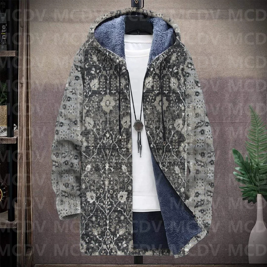 Men's Retro Flower Print Plush Thick Long-Sleeved Coat Fleece Hooded Overcoat Men Thick Warm Jacket-12 style