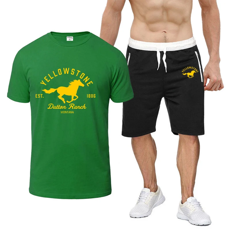 

2026 Yellowstone Dutton Ranch Print Men's New Summer Nine Color Short-sleeved Set Casual Simple T-shirt + Shorts Suit