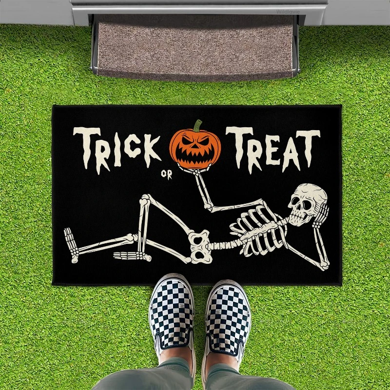 

Weird Trick or Treat Pumpkin Skeleton Halloween DoorMat Polyester Indoor/Outdoor Home Decoration Rug Suitable for RV Felt Carpet